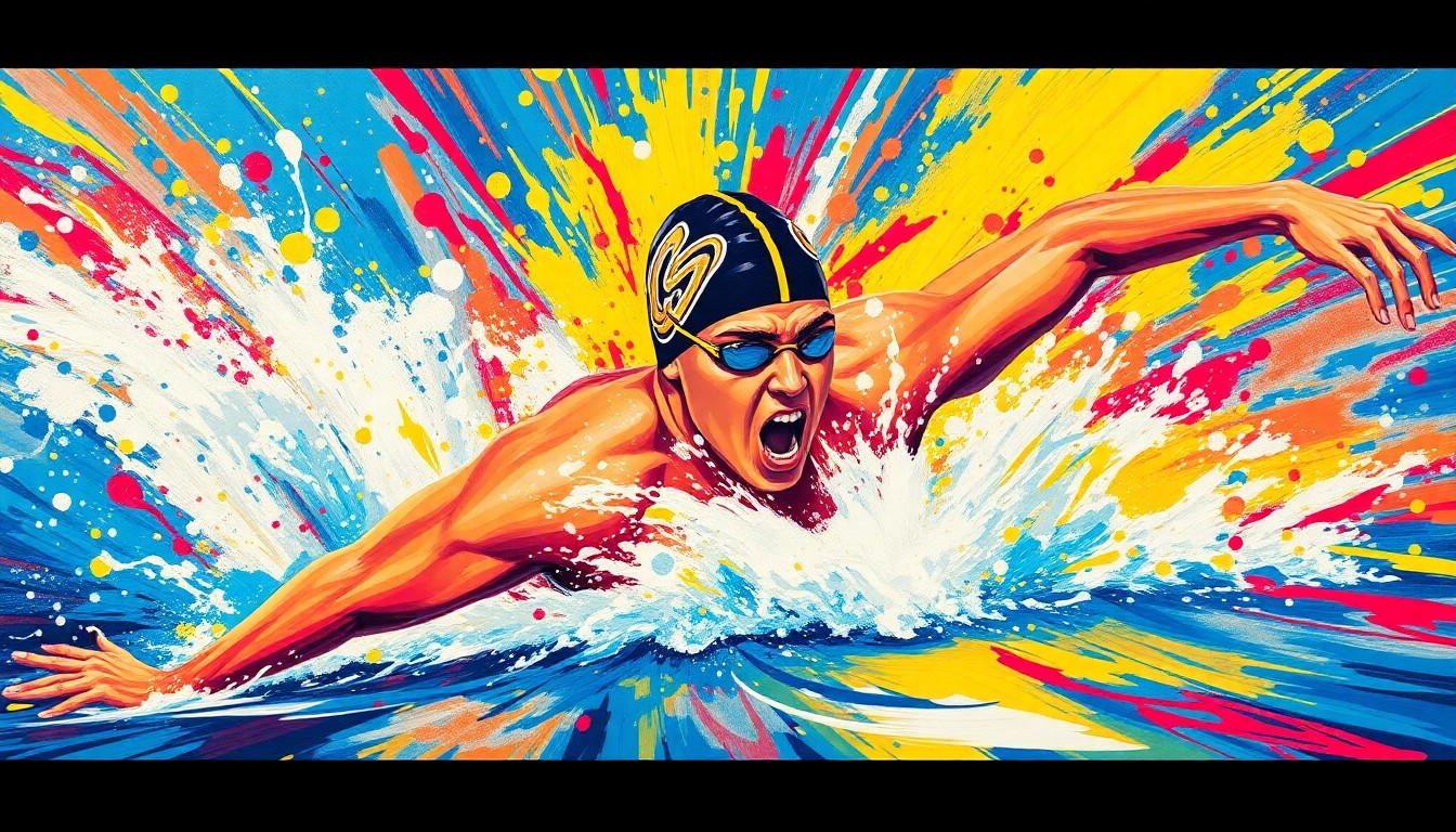 An abstract, expressionist painting in neon colors depicting the dynamic movements and energy of swimmers competing at the Indianapolis Sectionals swimming competition.