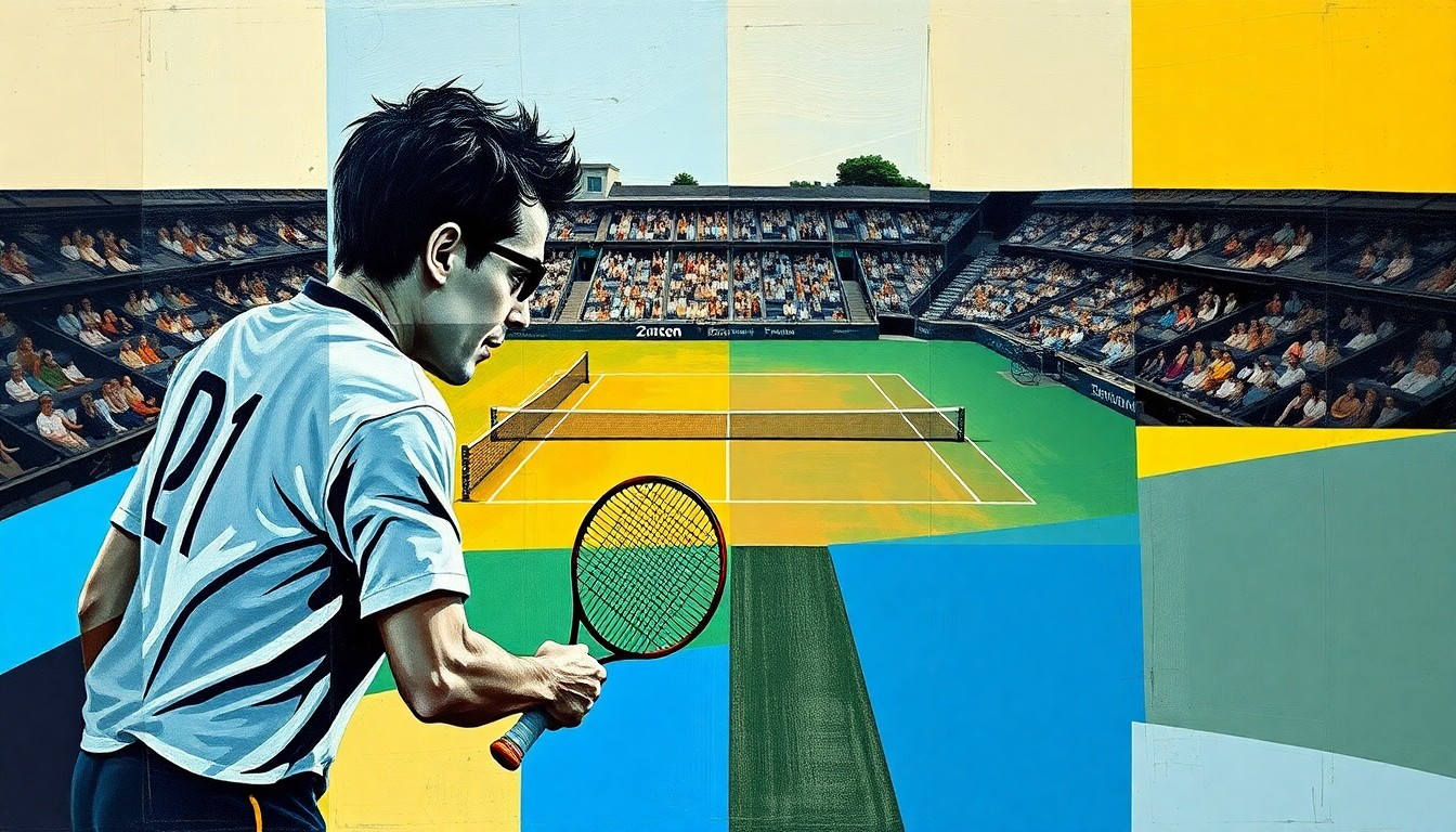 A cubist-style painting featuring overlapping geometric shapes and planes, representing the intense and dynamic tennis match between Jack Draper and Roberto Bautista Agut.