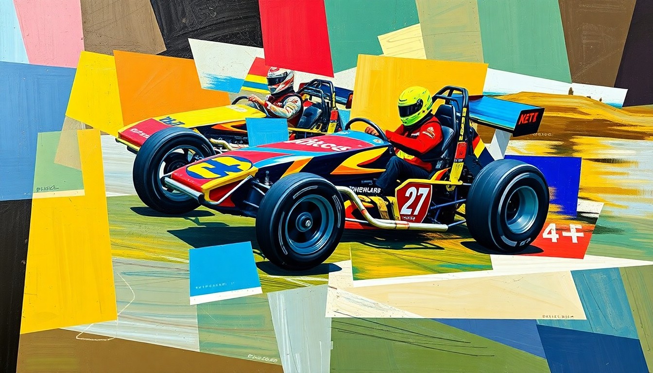 A cubist, geometric painting depicting the chaotic motion and energy of a sprint car race, with the car and driver forms broken down into abstract shapes and planes of vibrant colors.