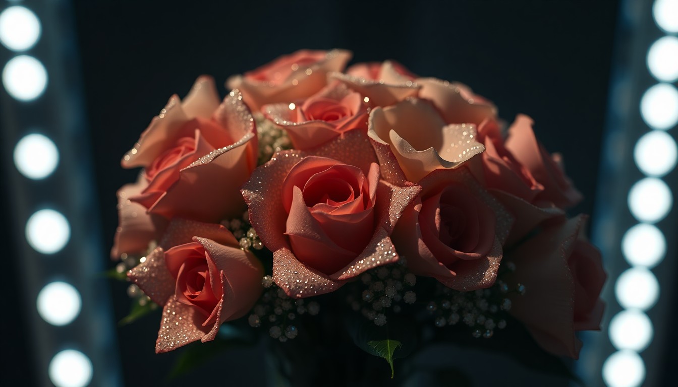 An abstract, high-contrast close-up of a lavish bouquet of flowers, capturing the luxurious and romantic essence of Brooklyn Beckham's gesture towards his wife Nicola Peltz.