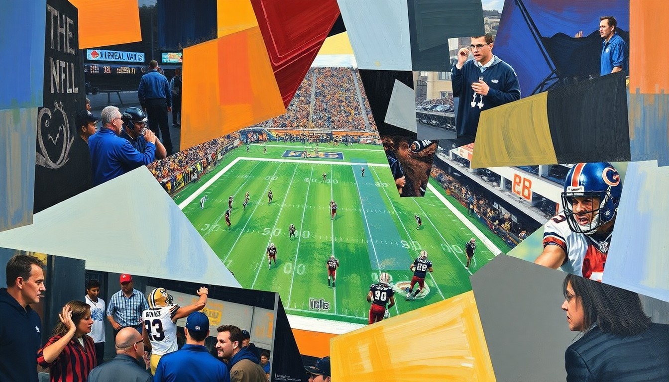 A cubist, geometric painting depicting fragmented, overlapping shapes and planes representing a football game or NFL free agency scene, conveying the complex, multi-faceted nature of the Steelers' roster-building approach.