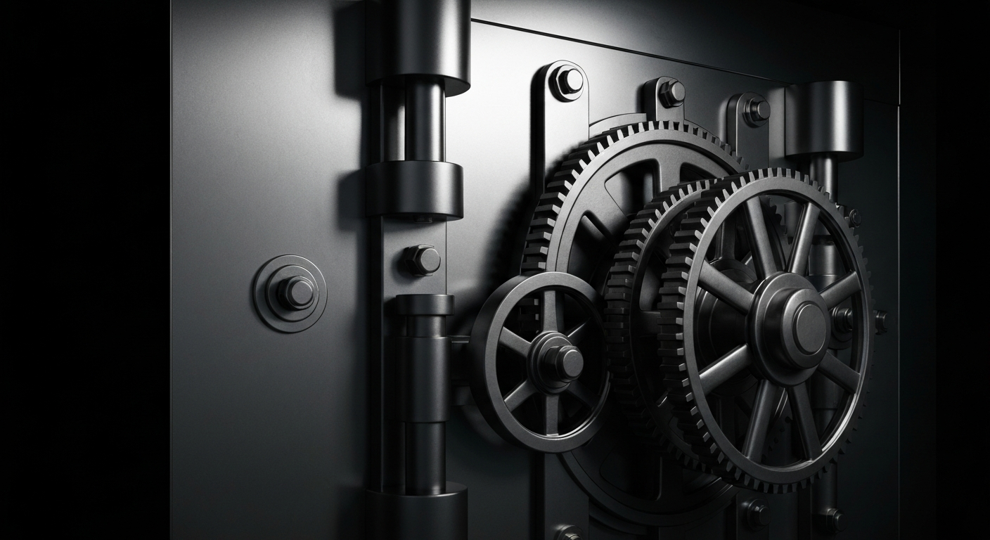 An extreme close-up of a heavy, industrial bank vault door with intricate gears and mechanisms, dramatically lit against a dark background, representing the financial security and infrastructure that can help individuals overcome debt.