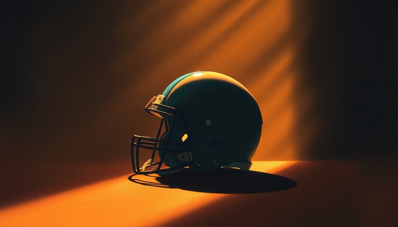 A photorealistic painting of a football helmet in a dimly lit, urban setting, with warm, golden light casting dramatic shadows across the surface, conveying a sense of contemplation and the weight of the NFL's decision-making process.