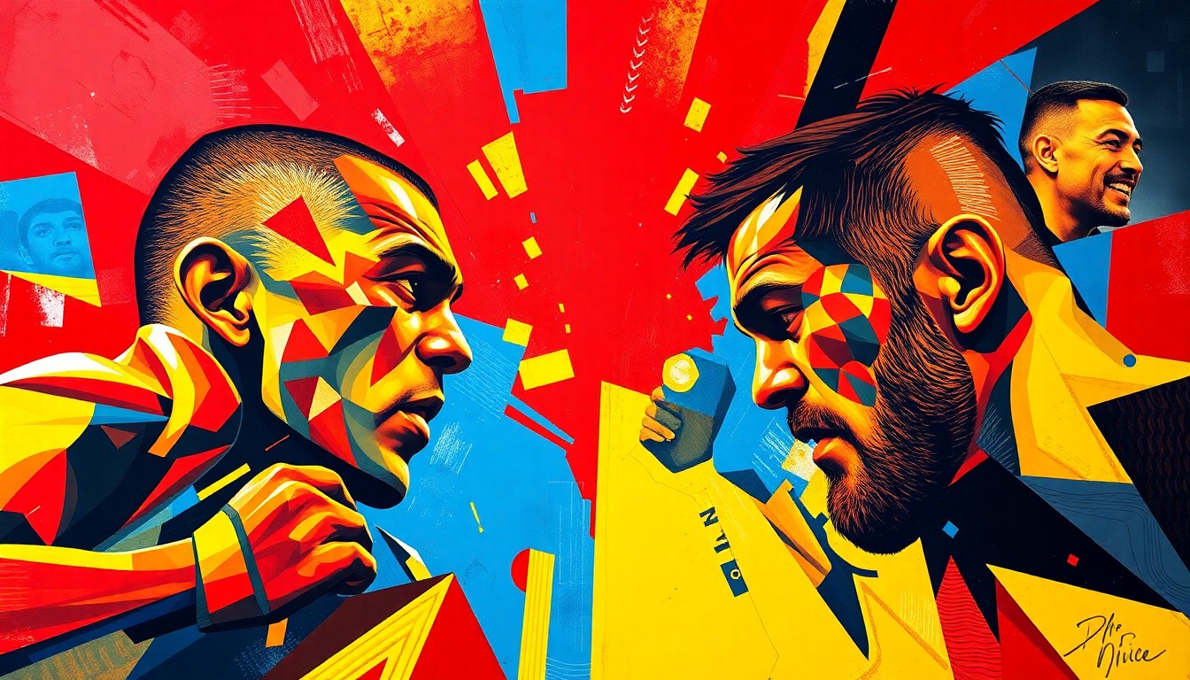 A cubist, geometric painting depicting the intense action and overlapping perspectives of a UFC fight, with sharp planes of red, blue, and yellow capturing the raw energy of the matchup between Michael Chiesa and Niko Price.