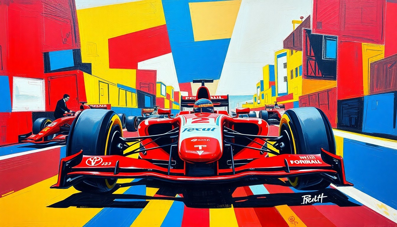 A cubist-style painting depicting a Formula 1 race scene broken down into sharp, overlapping geometric shapes in vibrant colors, conceptually representing the strategic implications of a key personnel move between rival teams.