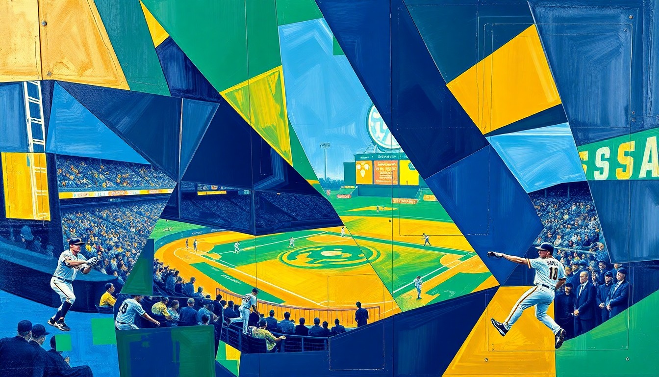 A cubist, geometric painting depicting fragmented baseball players and game action in a vibrant color palette, conceptually representing the potential breakout season for the Brewers' lineup.