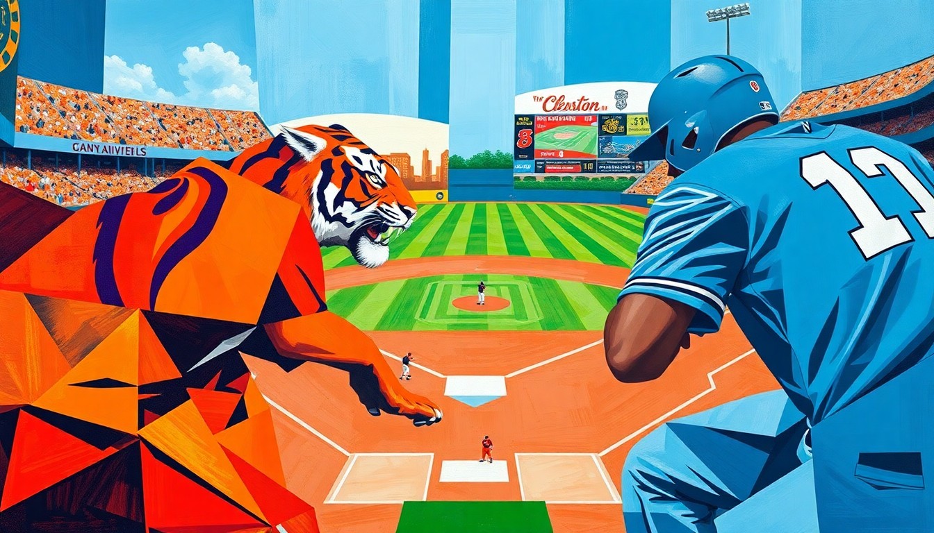 A fractured, cubist-style painting depicting the dynamic action of a baseball game, with the bright orange and blue colors of the Clemson Tigers and the light blue and white of the North Carolina Tar Heels uniforms breaking down into sharp, overlapping geometric shapes.