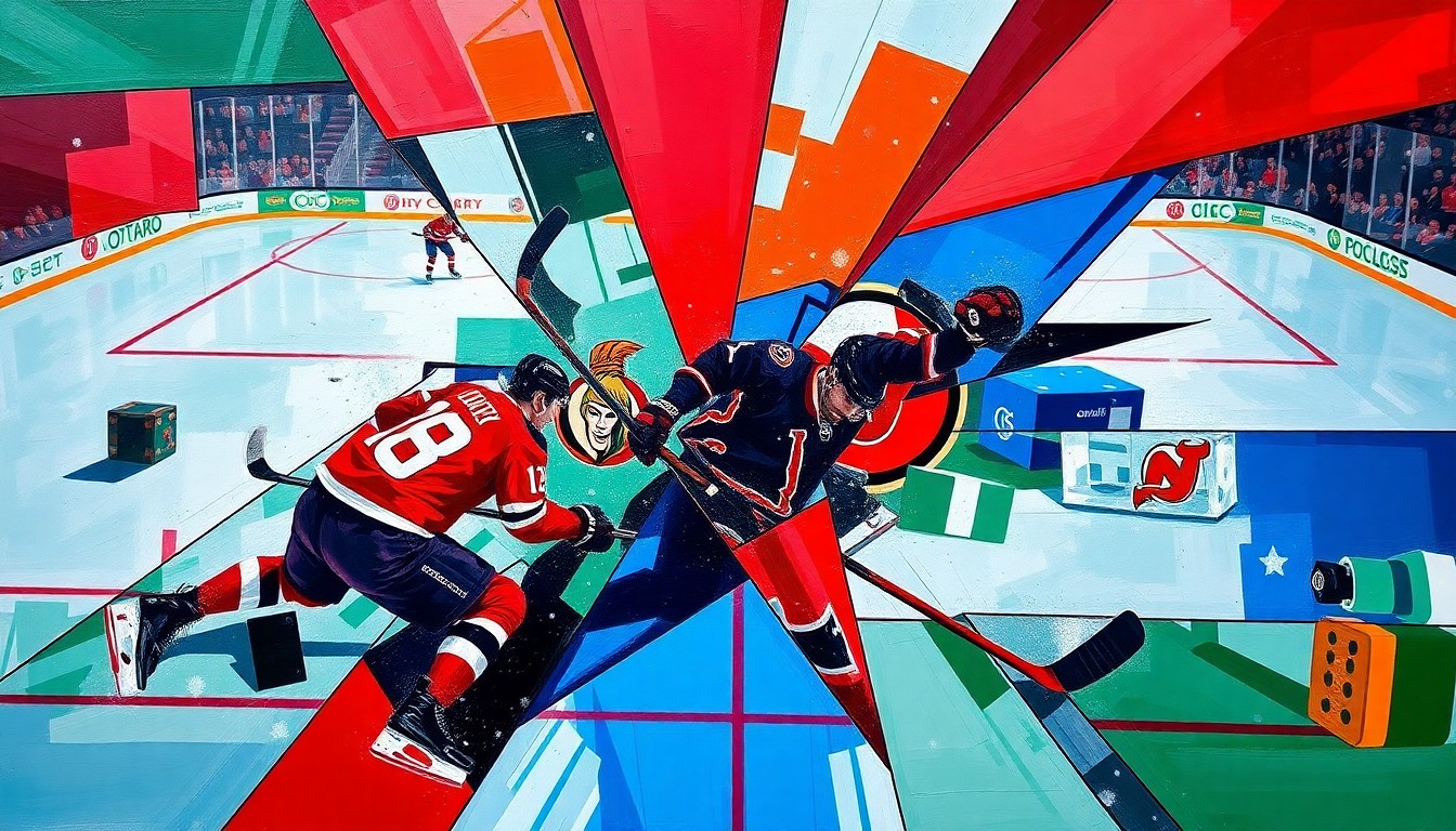 A fractured, multi-perspective painting in bold, vibrant colors that breaks down a hockey game between the Ottawa Senators and New Jersey Devils into sharp, overlapping geometric planes, capturing the intensity of the playoff race.