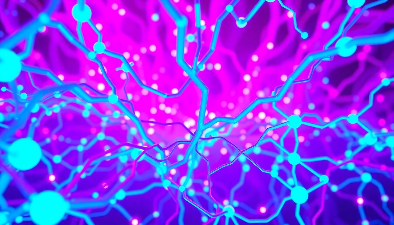 A highly detailed, glowing 3D macro illustration of a complex, futuristic neural network or AI infrastructure, rendered in a luminous palette of neon cyan and magenta, conceptually representing the advanced, interconnected nature of Apple's AI systems.