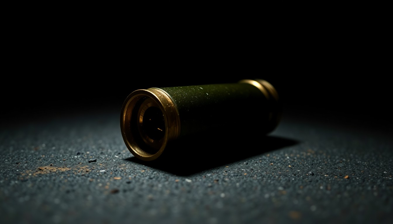 An extreme close-up of a spent shell casing reflecting the harsh light of a camera flash, conceptually illustrating the evidence of a violent crime.