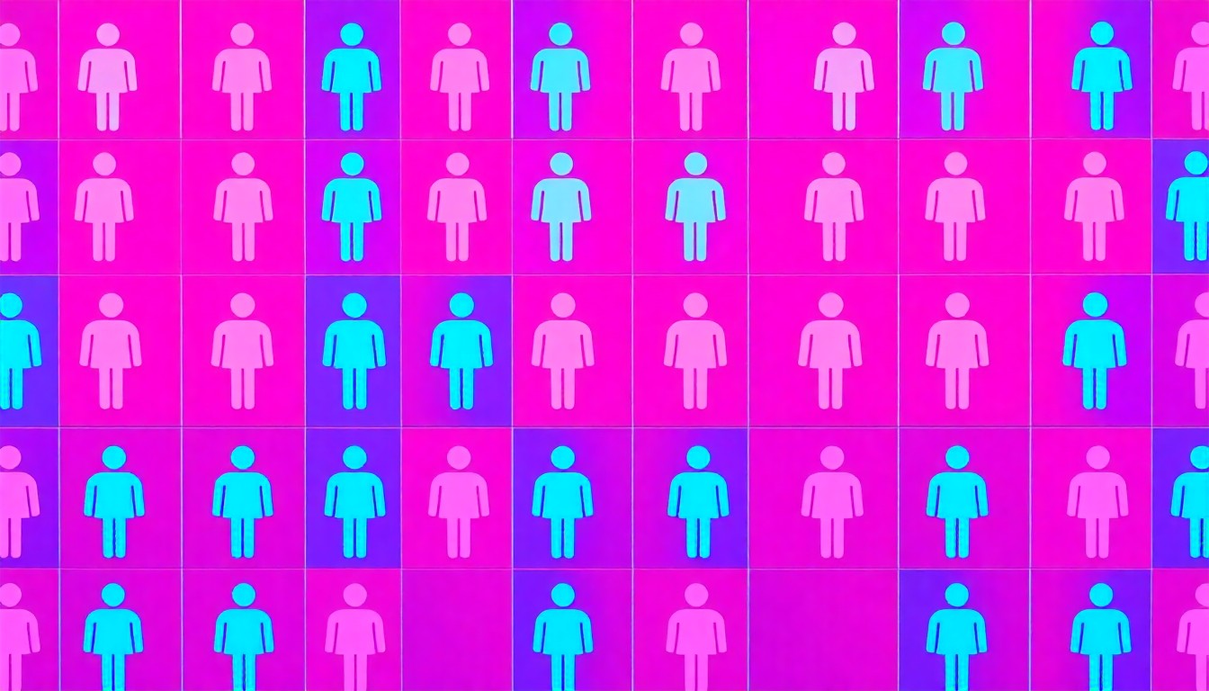 A grid of brightly colored, high-contrast bathroom sign icons in shades of pink, blue, and purple, conceptually representing the complex issues surrounding transgender bathroom access in schools.