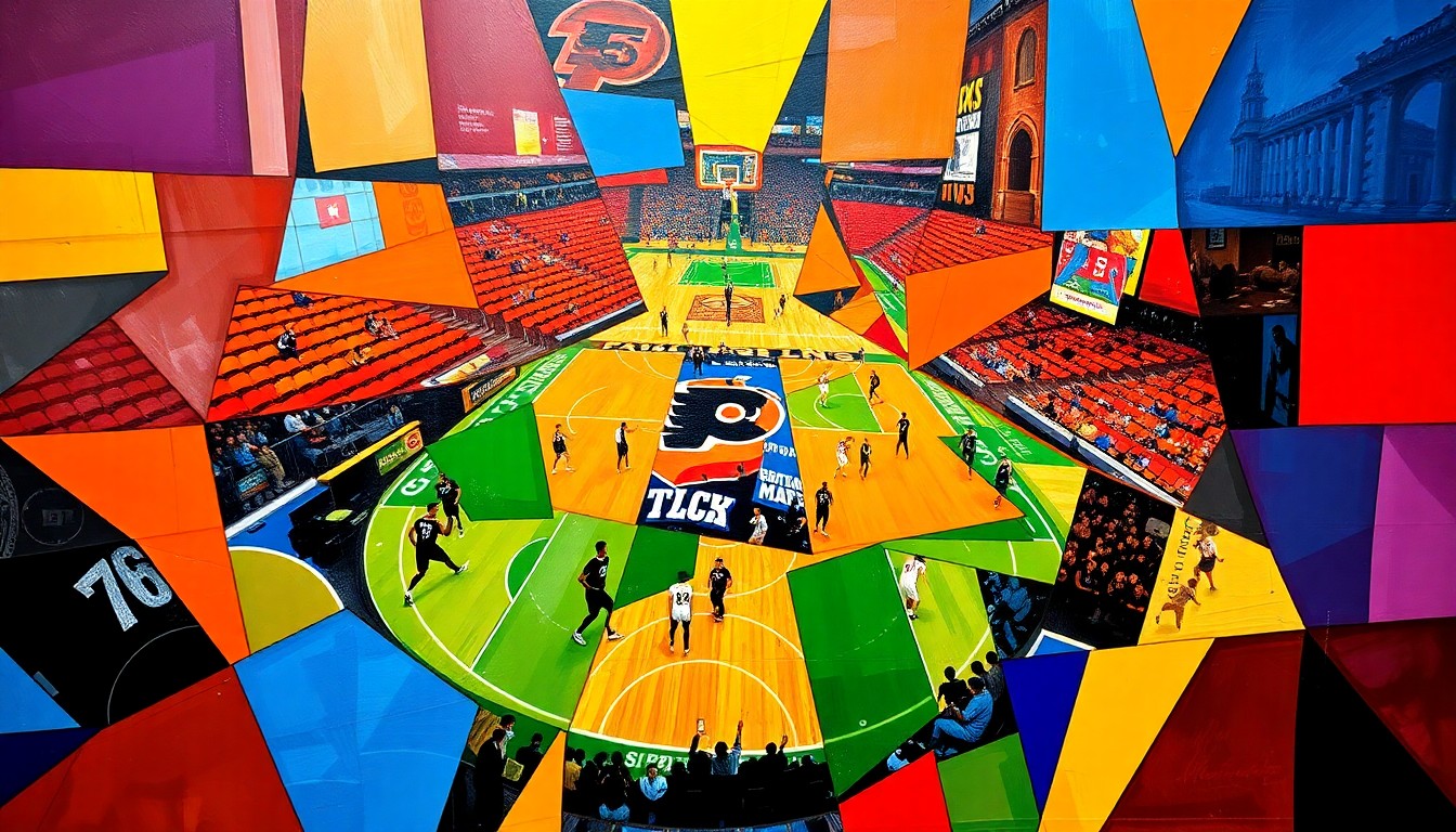A fragmented, geometric painting in bold colors representing various Philadelphia sports teams and events, capturing the energy and passion of the city's devoted fanbase.
