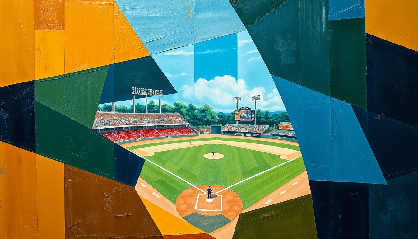 A fragmented, geometric painting depicting a high school baseball game, with sharp planes of color representing the dynamic action on the field.