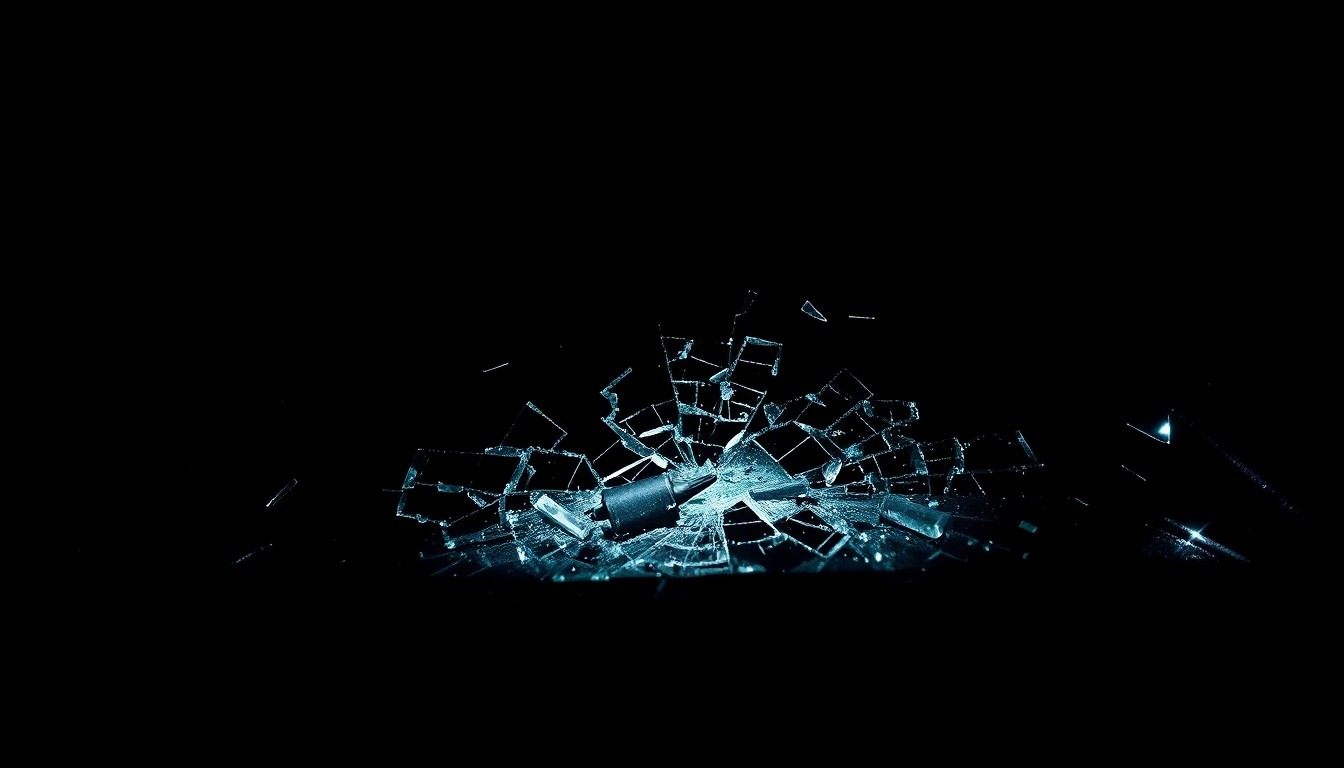 An extreme close-up photograph of a shattered car windshield or other damaged vehicle component, lit by a harsh, direct camera flash against a pitch-black background, conceptually illustrating the aftermath of a serious highway crash.