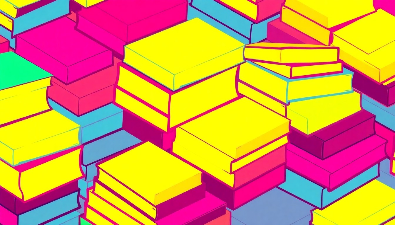 A bold, colorful silkscreen-style illustration featuring a repeating pattern of stacked school textbooks in vibrant neon hues, conceptually representing the compromise reached between the school district and teachers to invest in education while avoiding a disruptive strike.