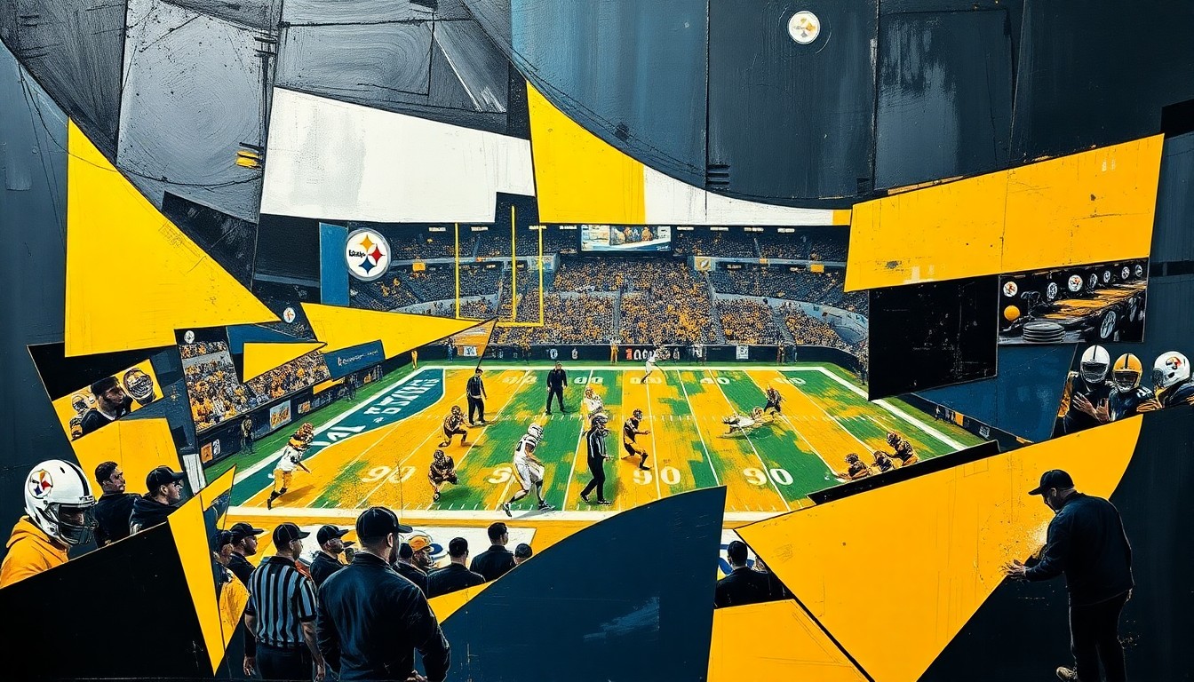 A fractured, multi-perspective painting in the style of Pablo Picasso, breaking down a Steelers football game or practice into sharp, overlapping geometric planes in a palette of black, gold, and steel blue, capturing the sense of transition and uncertainty surrounding the team's future.