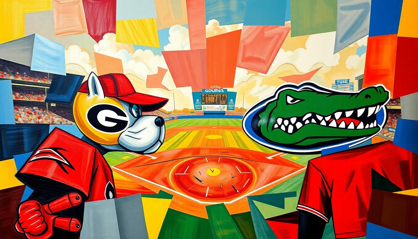 A cubist, geometric painting depicting a baseball game between two teams, with overlapping planes of red, blue, and gold colors representing the team uniforms and the intense action on the field.