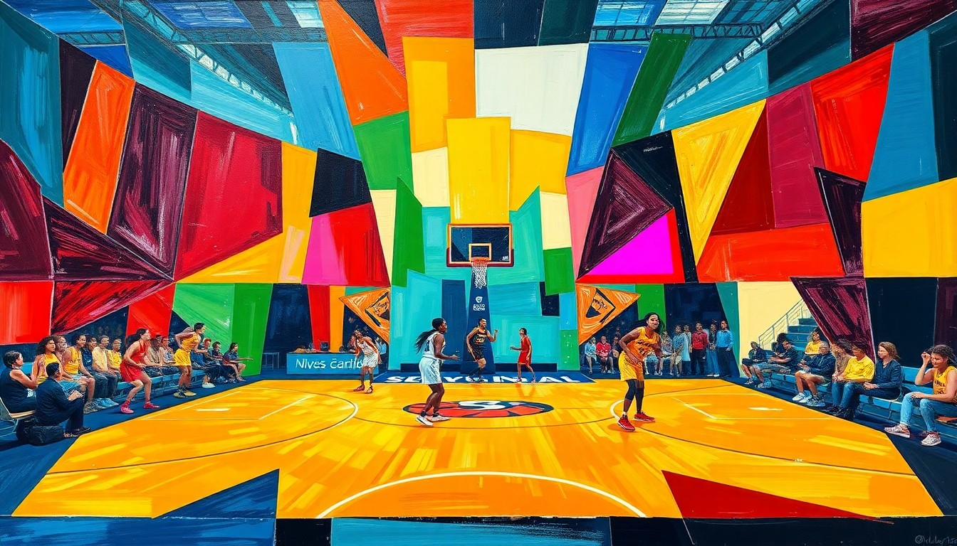 A cubist, geometric painting depicting a WNBA basketball game, with sharp, overlapping planes of color representing the players and action on the court.