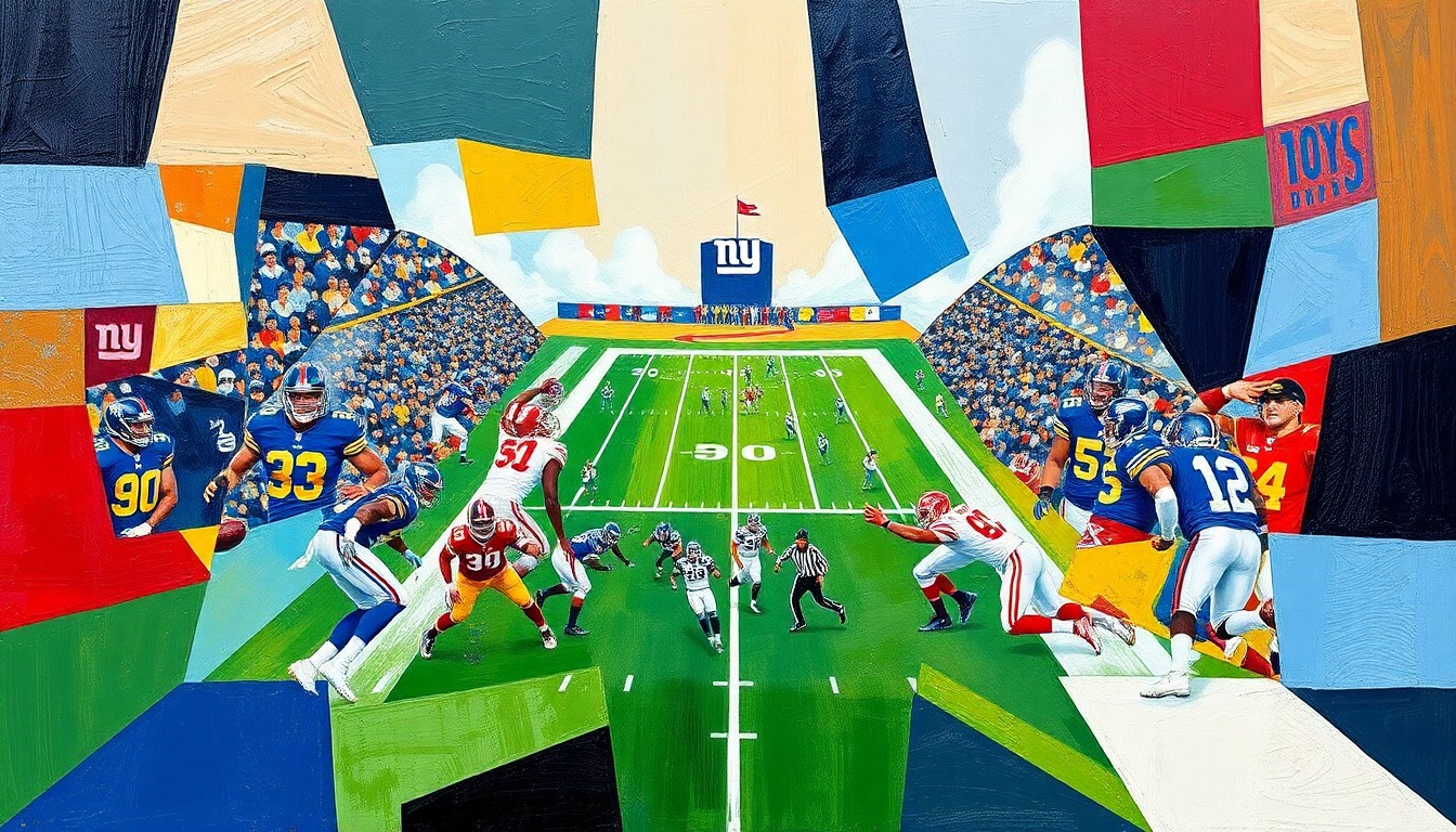 A cubist-style painting depicting a fragmented, geometric interpretation of a football game or match, with sharp planes of color representing the players and action on the field.