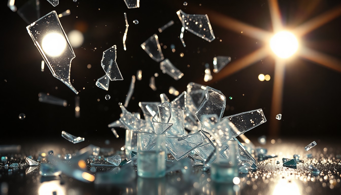 An extreme close-up of shattered glass and glittering shards in dramatic, high-contrast studio lighting, conceptually representing the fragility and emotional intensity of a public figure's return to the spotlight after a personal tragedy.