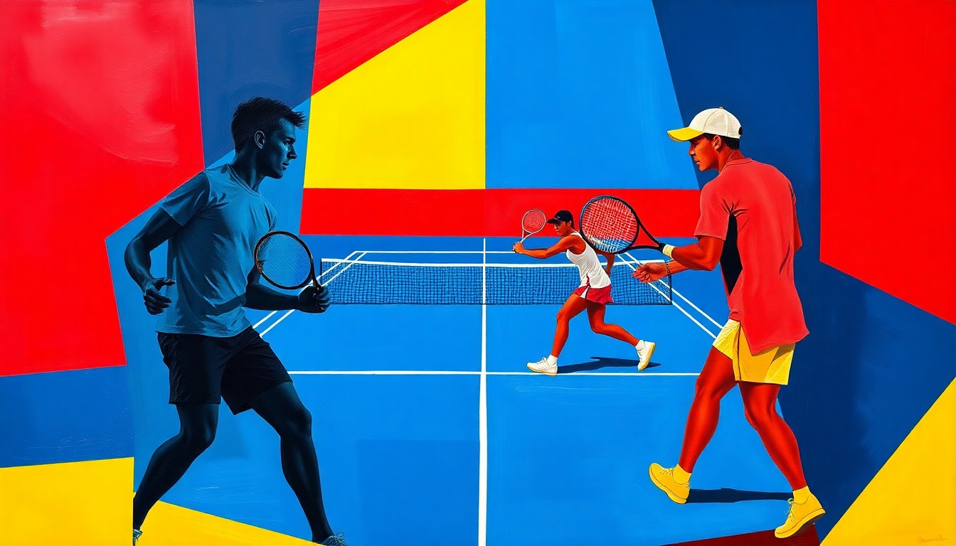 A cubist-style painting depicting a tennis doubles match, with the players and court broken down into sharp, overlapping geometric shapes in a vibrant color palette, capturing the energy and dynamism of the sport.