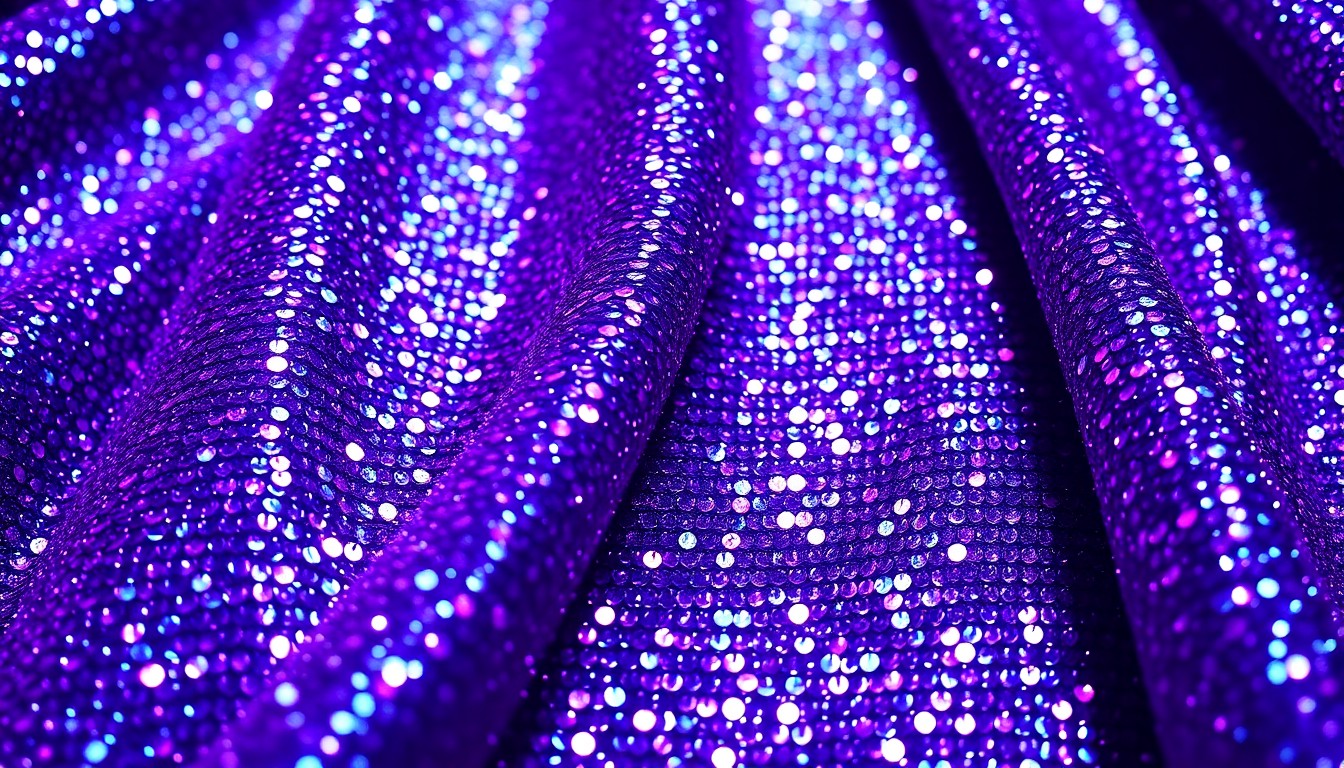 An abstract close-up photograph showcasing the luxurious, high-contrast textures of shimmering purple fabrics, conceptually representing the energy and glamour of a major music festival performance.
