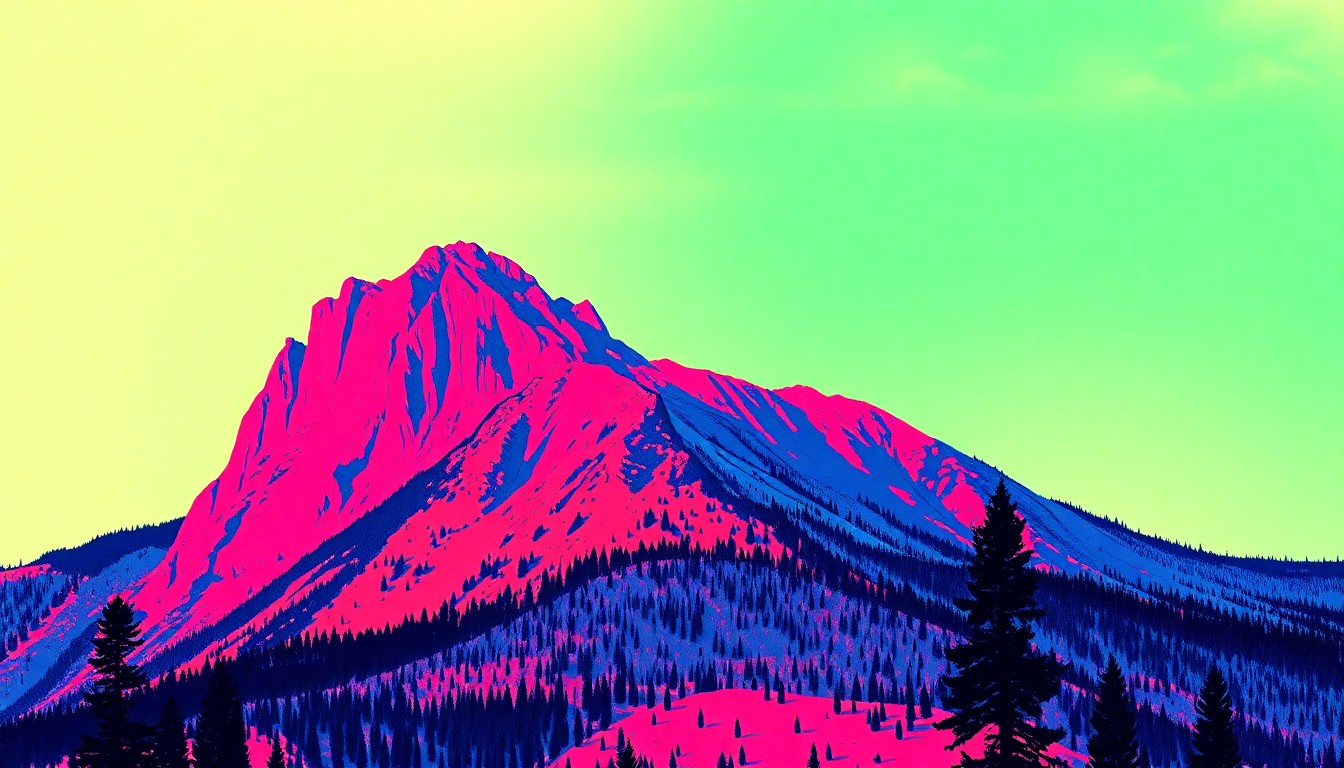 A grid of brightly colored, high-contrast silkscreen images of a Colorado mountain peak, rendered in a stylized, abstract pop art aesthetic with overlapping neon hues and heavy black outlines, capturing the celebratory spirit of the annual art exhibition.