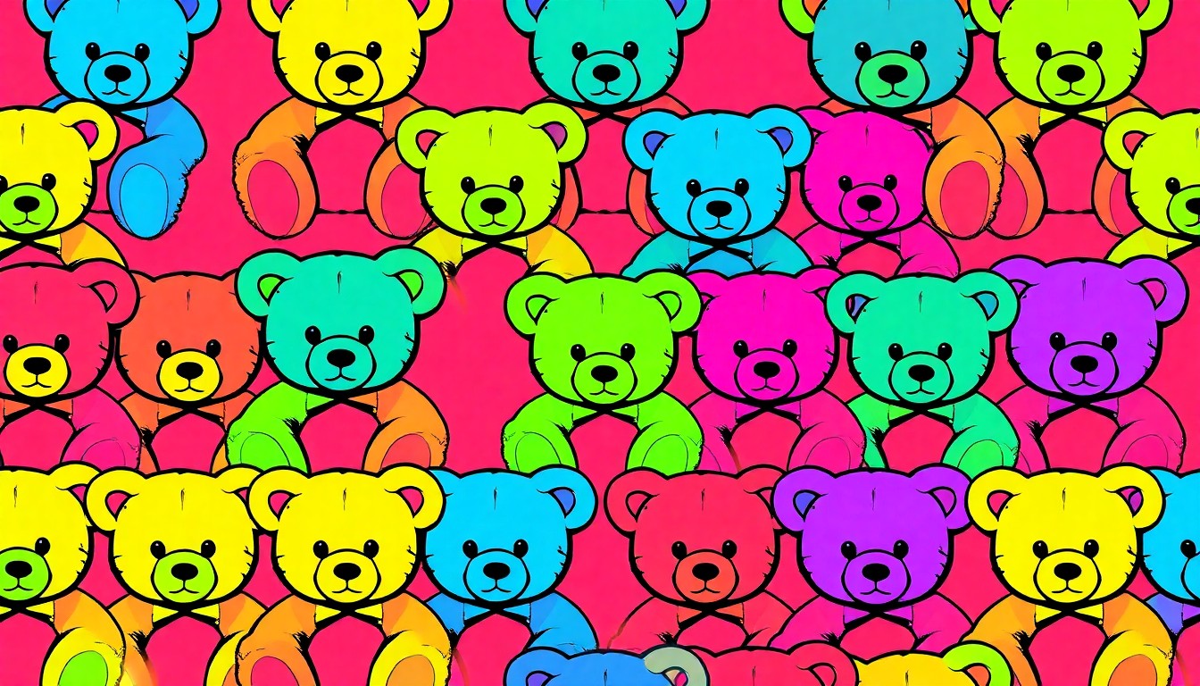 A brightly colored, high-contrast silkscreen print of a teddy bear toy repeated in a tight grid pattern, conceptually representing the importance of childhood protection and community support.
