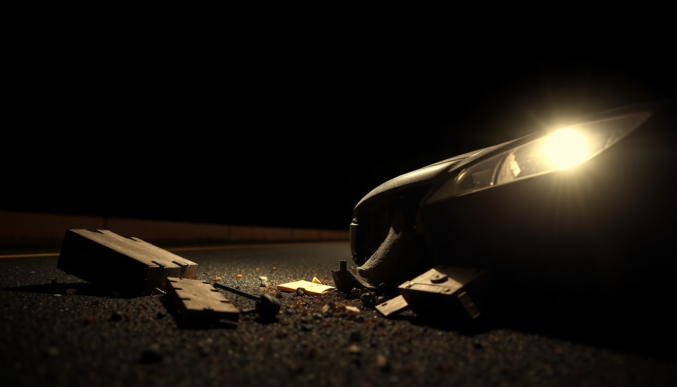 An extreme close-up photograph of twisted metal car parts and shattered glass on the dark asphalt of a highway, conveying the gritty aftermath of a serious traffic incident.
