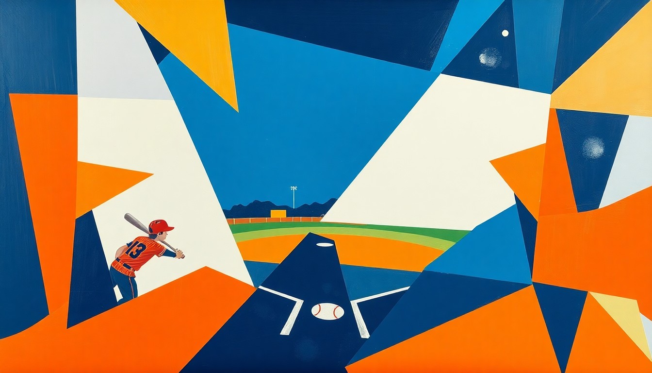 A fragmented, cubist-style painting depicting a high school softball game, with sharp geometric shapes in bright orange, navy blue, and white representing the players, field, and motion of the sport.