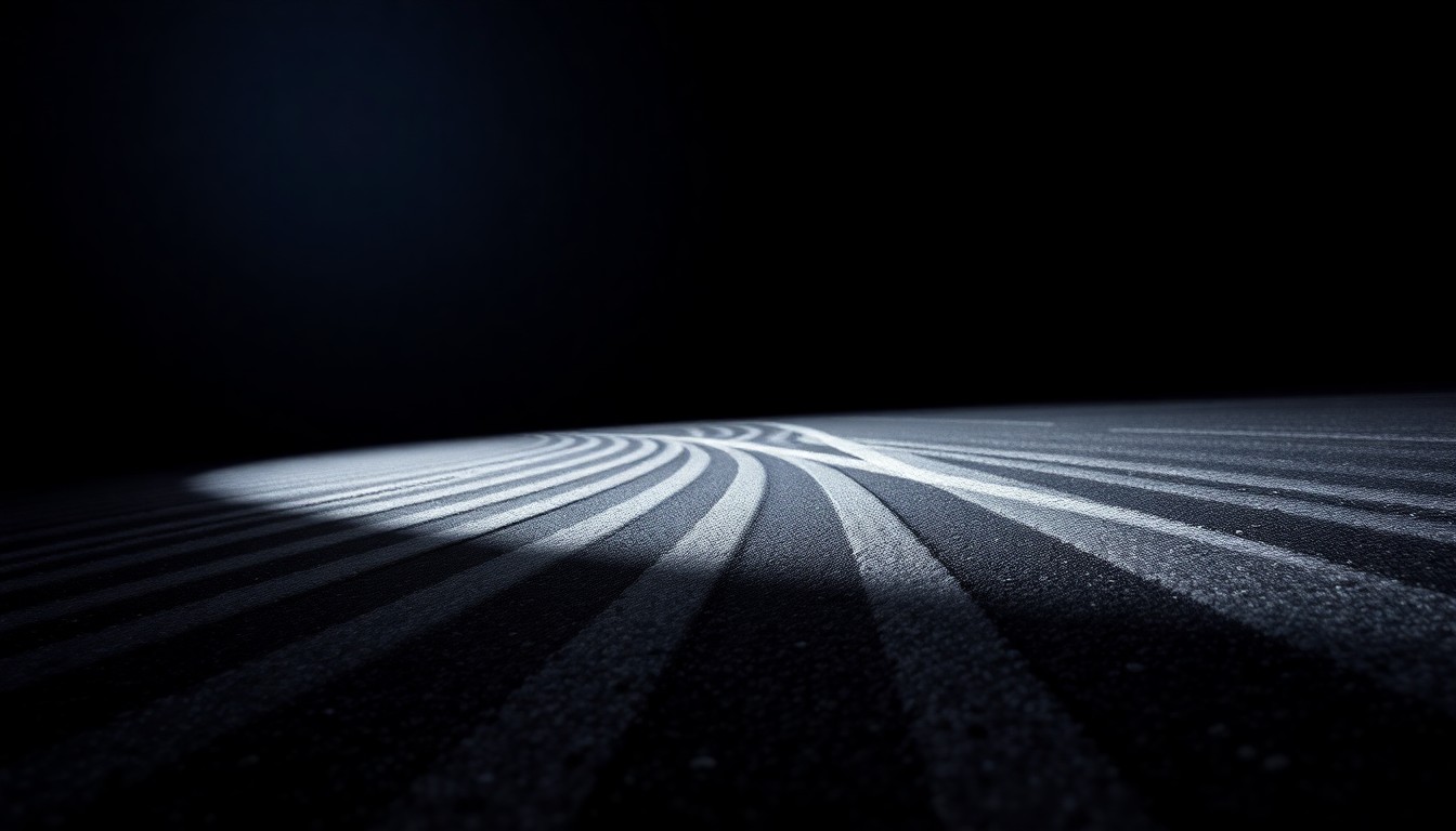 An extreme close-up photograph of dark skid marks on a black asphalt surface, creating a stark, gritty visual that conceptually represents an ongoing investigation into a motor vehicle incident.