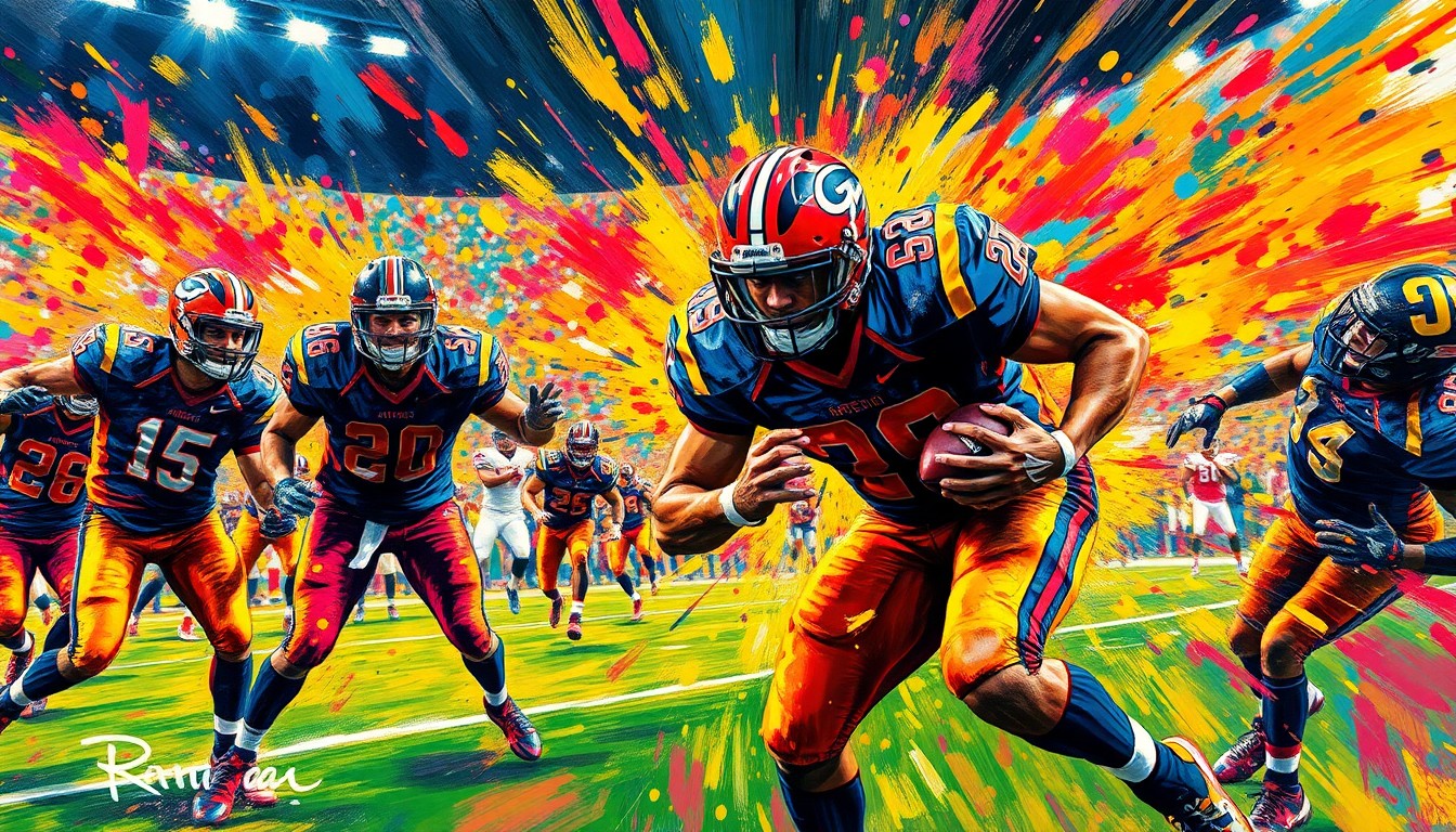 A vibrant, textured painting in neon colors depicts the explosive action and raw energy of an indoor football game, with players' forms dissolving into abstract brushstrokes.