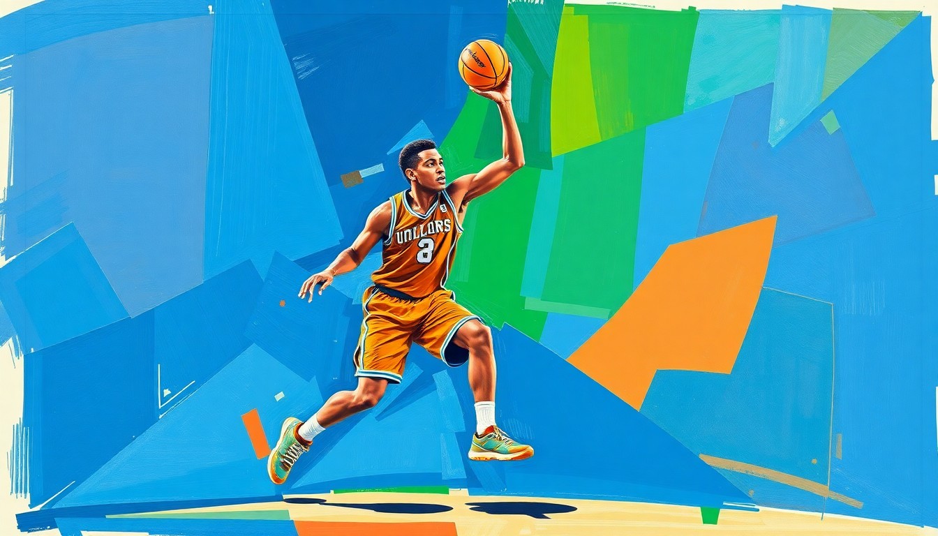 A cubist-style painting featuring sharp, overlapping geometric shapes in vibrant blues, oranges, and greens, capturing the dynamic movements and energy of a college basketball player in action.