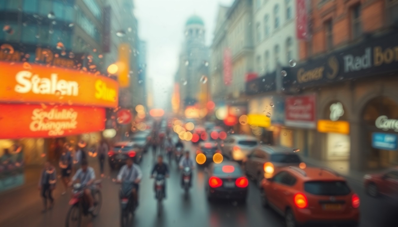 An impressionistic, blurred view of a busy city street with cars, pedestrians, and storefronts, conveying the energy and activity of a lively urban center.