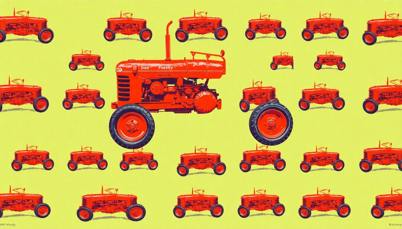 A vibrant, high-contrast silkscreen print featuring a grid of red vintage tractors, capturing the agricultural heritage and enduring spirit of the Miller family farm.