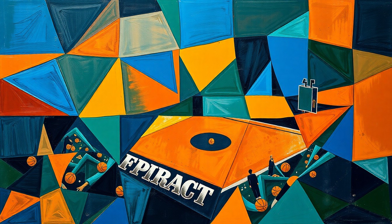 A cubist, geometric painting depicting a fragmented basketball game, with sharp, overlapping shapes in navy, orange, and green, conveying the strategic decision-making behind resting key players.