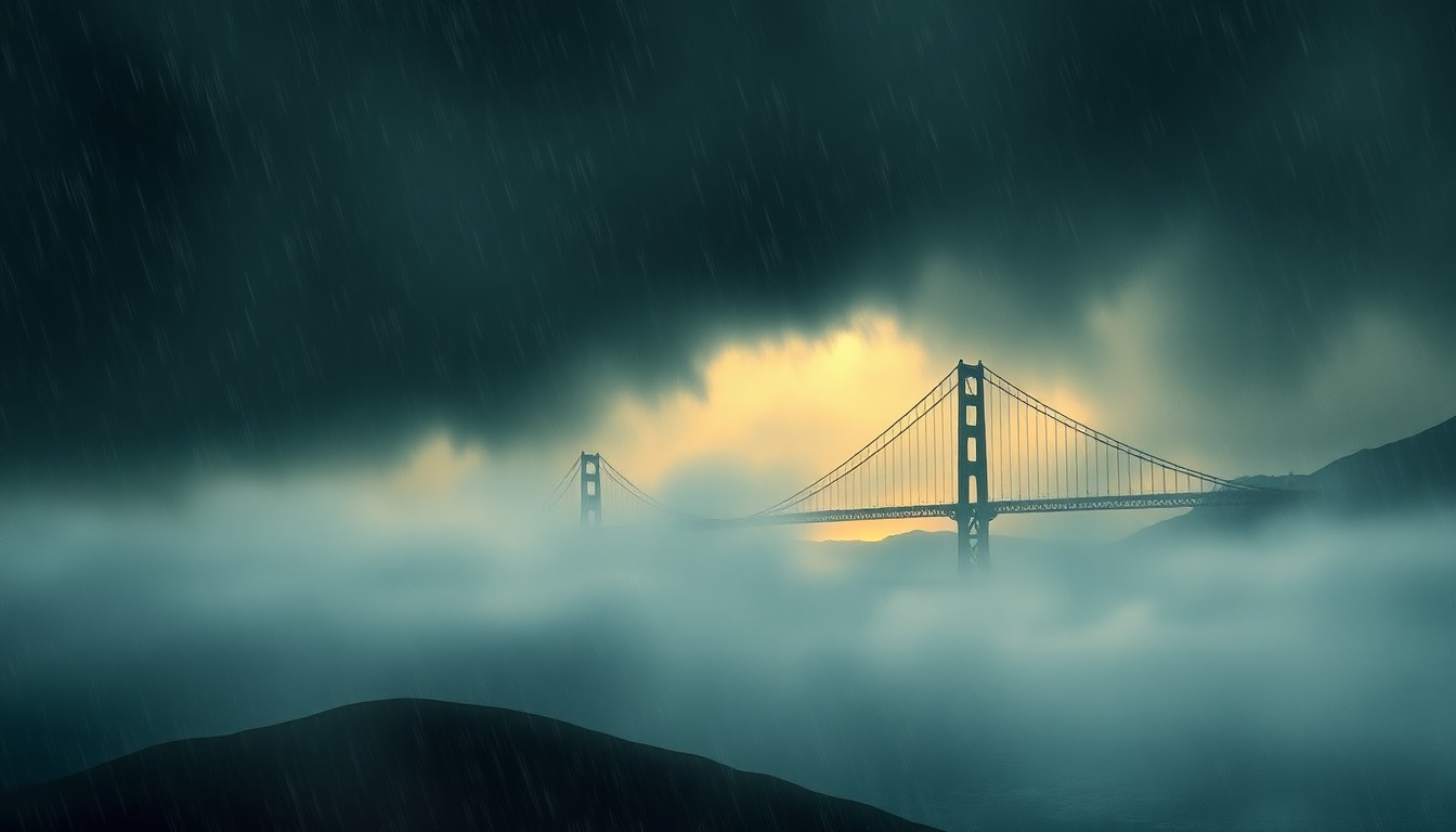 A dramatic, atmospheric landscape painting depicting a heavy rainstorm sweeping across the San Francisco Bay, with the Golden Gate Bridge barely visible through the mist and rain.