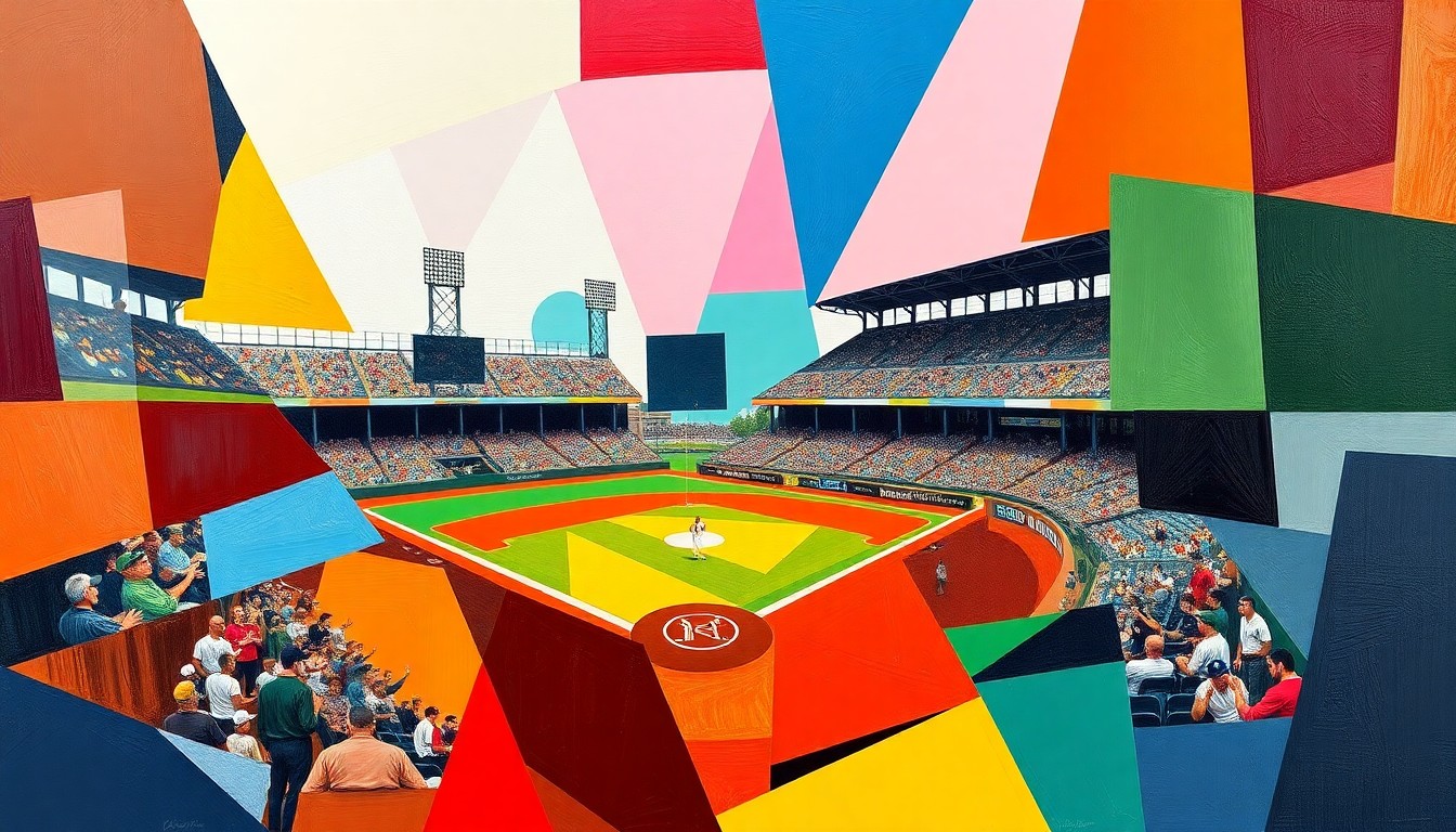 A visually striking, cubist-inspired illustration depicting the dynamic action and energy of Oneil Cruz's historic baseball game through a fractured, geometric composition of bold team colors and shapes.