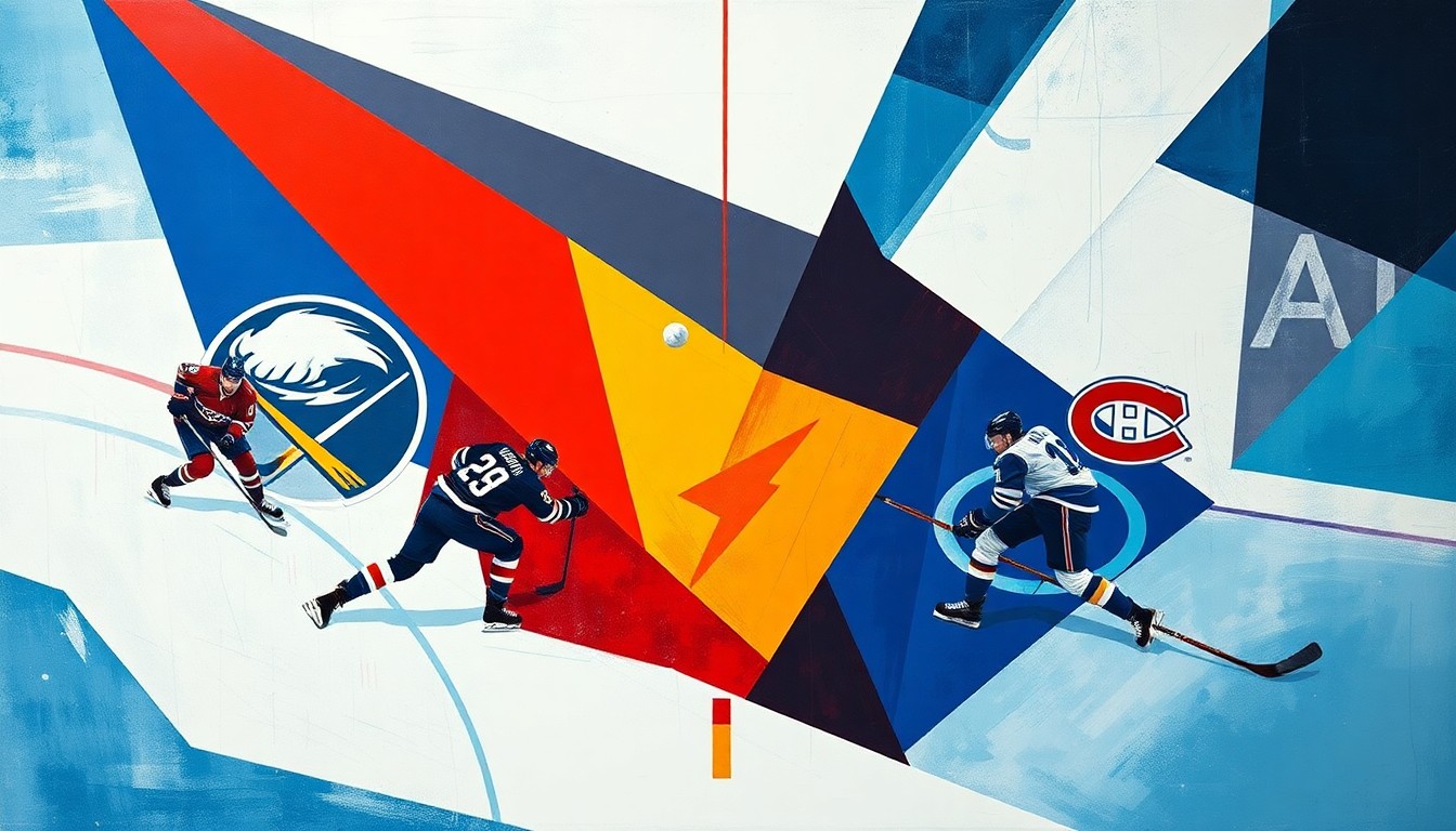 A dynamic, geometric painting in shades of blue, white, red, and black, depicting a hockey game broken down into overlapping angular shapes and planes, conveying the intensity of the playoff race.