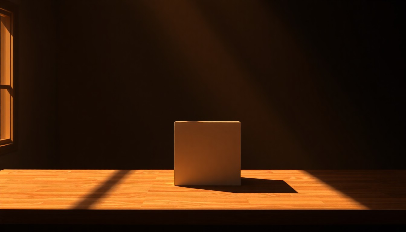 A cinematic painting of a solitary ballot box on a wooden table, the box's simple form and the table's warm lighting and deep shadows creating a contemplative mood around the integrity of the electoral process.