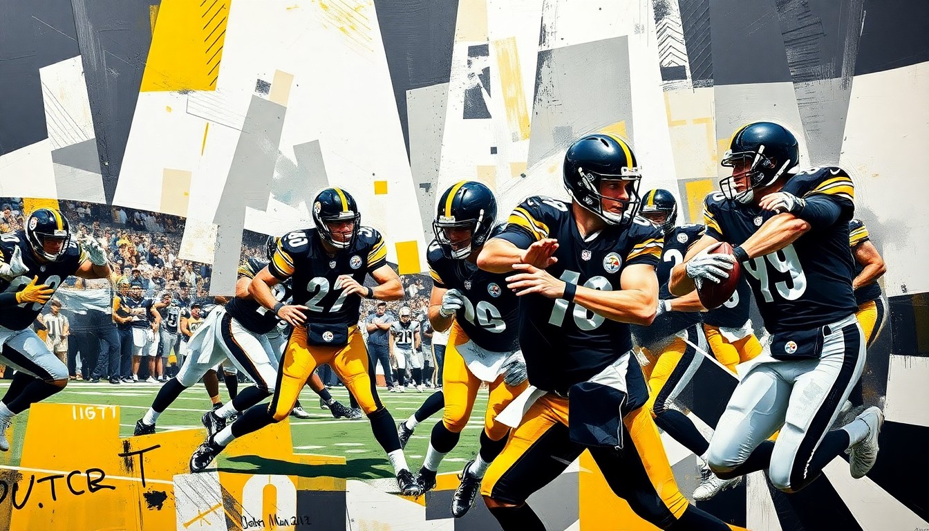A cubist, geometric painting depicting a fragmented football player in motion, with the dominant colors being the black, gold, and white of the Pittsburgh Steelers uniform.