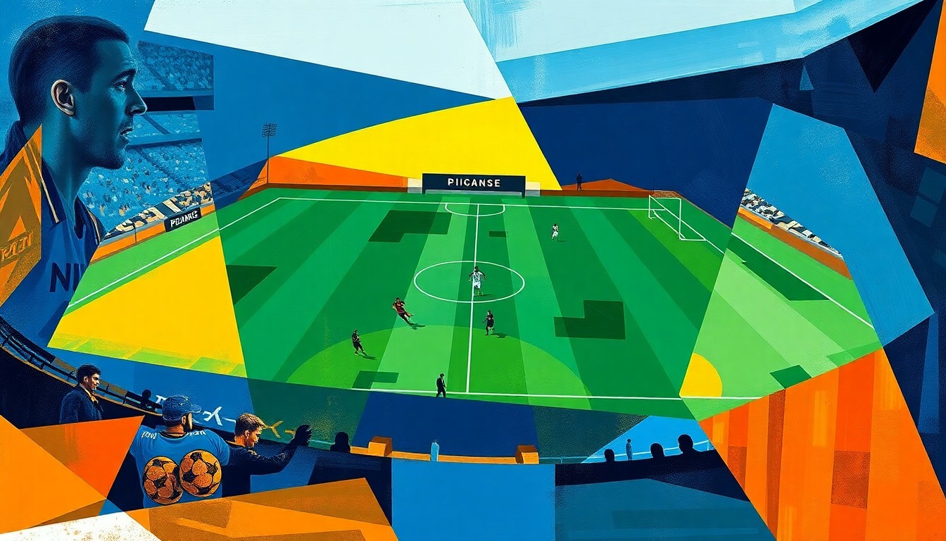 A fractured, multi-perspective painting in a cubist style, breaking down a soccer match into sharp, overlapping geometric planes of deep blues, greens, and oranges, abstracting the players and field into dynamic, angular shapes.