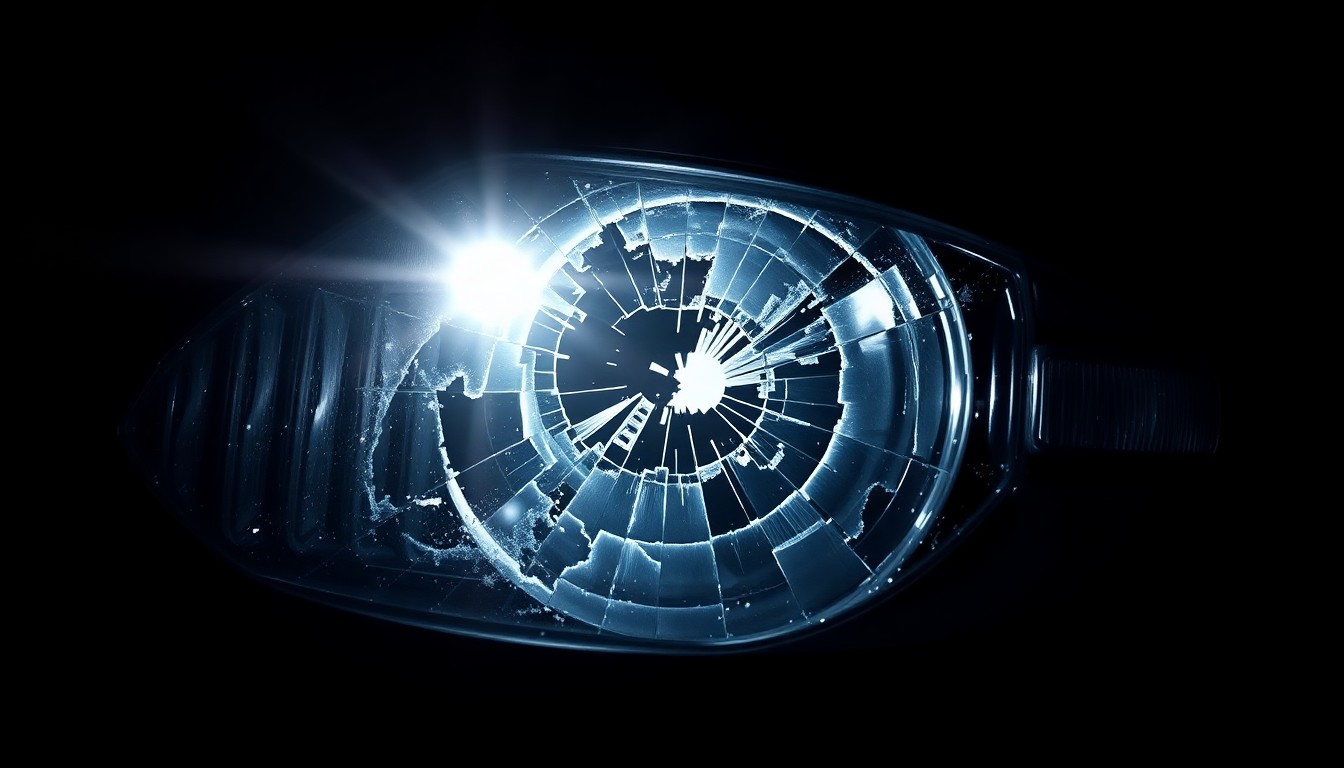 An extreme close-up photograph of a shattered car windshield or broken headlight lens, lit by a harsh, direct camera flash against a pitch-black background, conceptually illustrating the aftermath of a serious traffic collision.