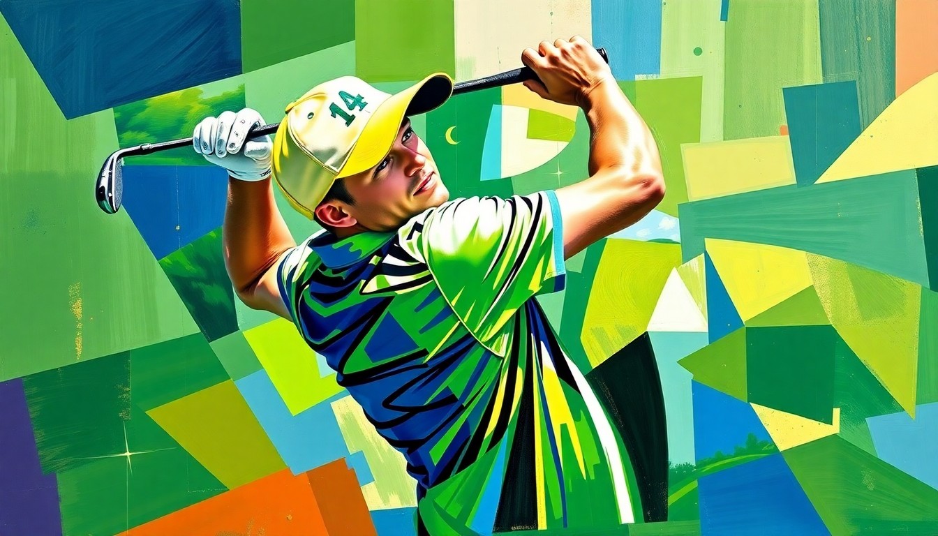 A cubist, geometric painting depicting Scottie Scheffler's golf swing and competitive demeanor, with sharp, overlapping planes of green, blue, and gold representing the Augusta National course.