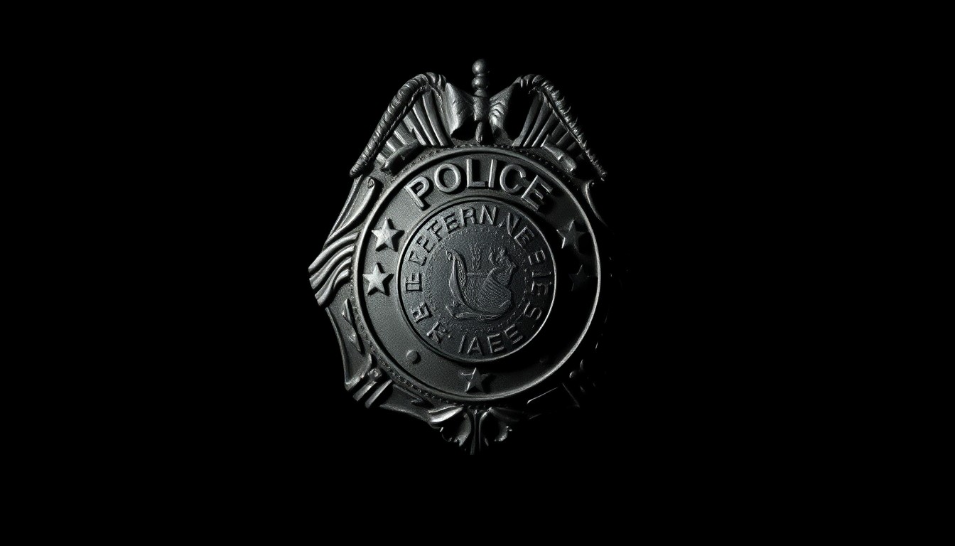 A close-up photograph of a police badge or insignia against a pitch-black background, lit by a harsh, direct camera flash, conveying a stark, gritty, and investigative aesthetic.