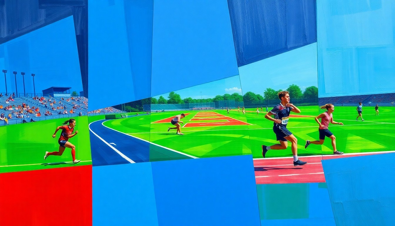A cubist, geometric painting depicting the dynamic movements and competition of a high school track and field event, with overlapping planes of color and abstracted figures.