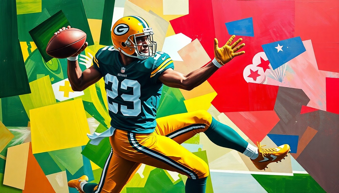 A fragmented, geometric painting depicting an NFL player in mid-catch, with sharp planes of color representing the dynamic motion of the play.