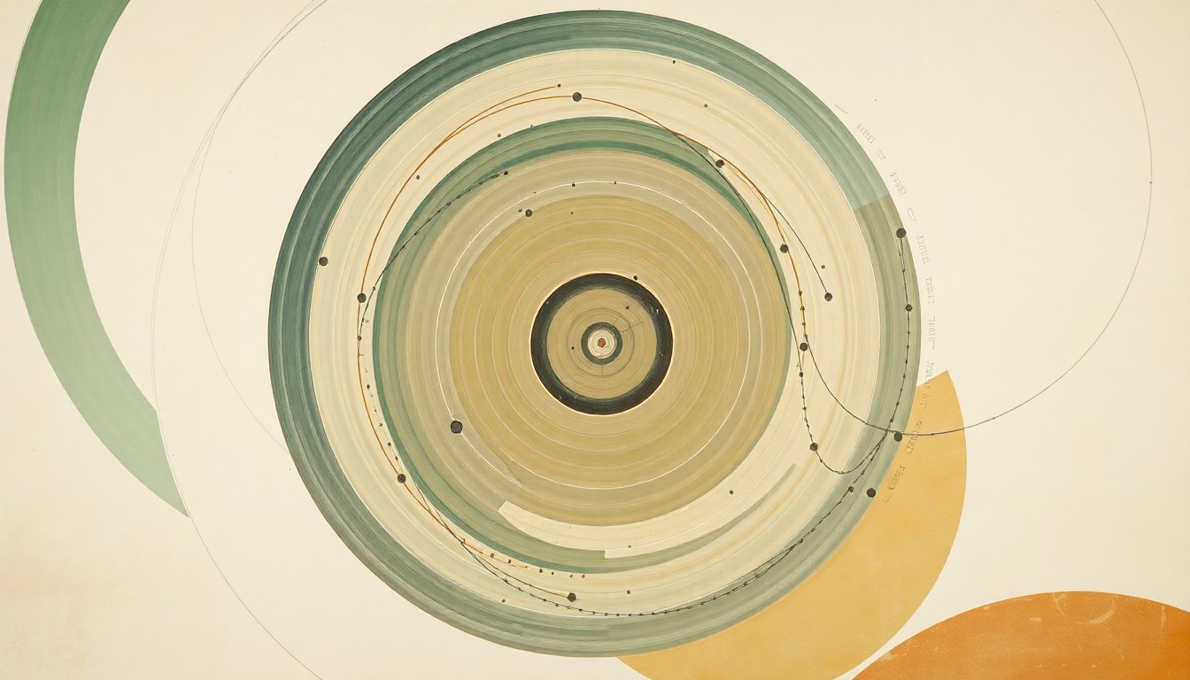 A bold, abstract painting featuring sweeping geometric arcs, concentric circles, and precise spirals in earthy tones of green, brown, and blue, conceptually representing the complex forces and concepts of the Artemis II mission to the Moon.