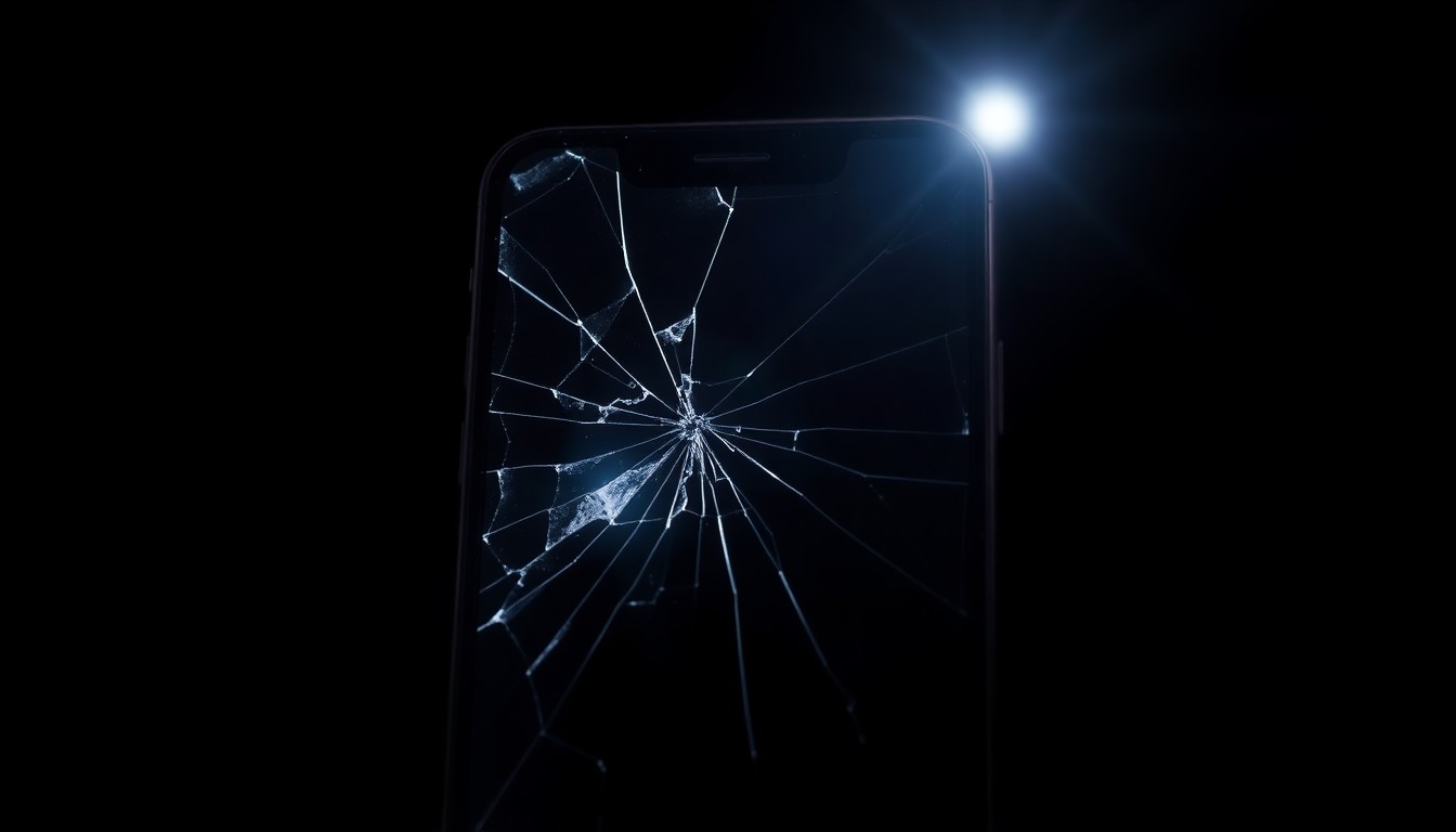 An extreme close-up photograph of a cracked and damaged cellphone screen, lit by a harsh, direct camera flash against a pitch-black background, conceptually representing the violence and disruption of the alleged assault.