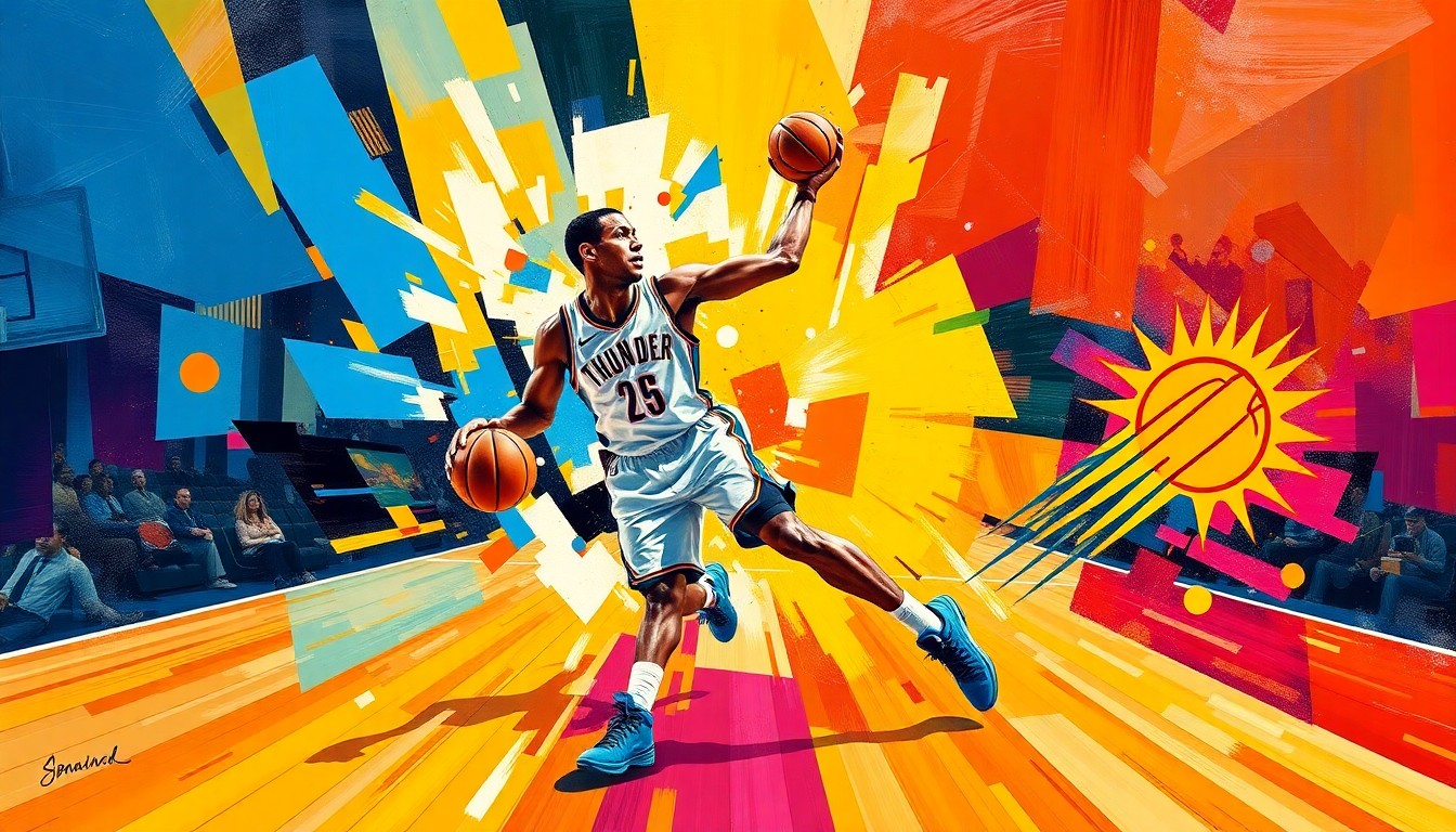A fractured, multi-perspective painting in bold, clashing colors depicting the movements and energy of a basketball player, conceptually representing the absence of the Thunder's star player Shai Gilgeous-Alexander from the upcoming game against the Suns.